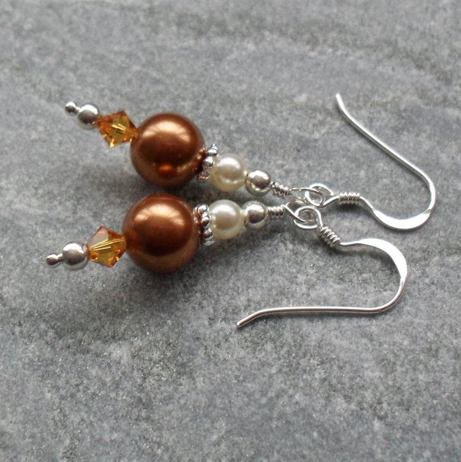 Bronze Pearl and Crystal Sterling Silver Earrings With Swarovski Elements