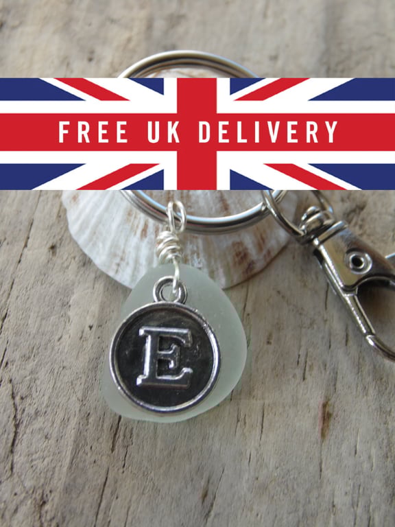 Initial 'E' White Cornish Sea Glass Bag Charm Keyring K648