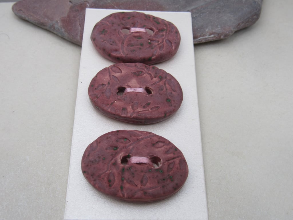3 Medium Oval Damson Purple Leaf Pattern Ceramic Buttons