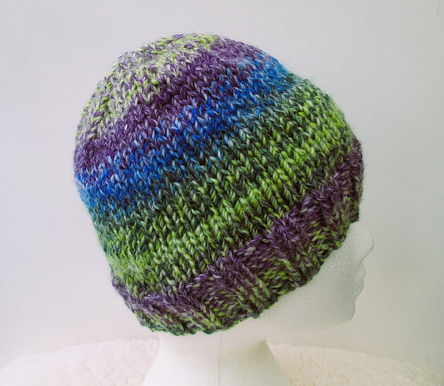 Green purple and blue stripey chunky beanie hat for an adult
