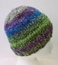 Green purple and blue stripey chunky beanie hat for an adult