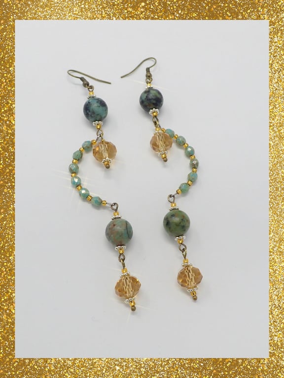 Bohemian Long Chandelier Teal Turquoisey Green Beaded Earrings with Gemstones