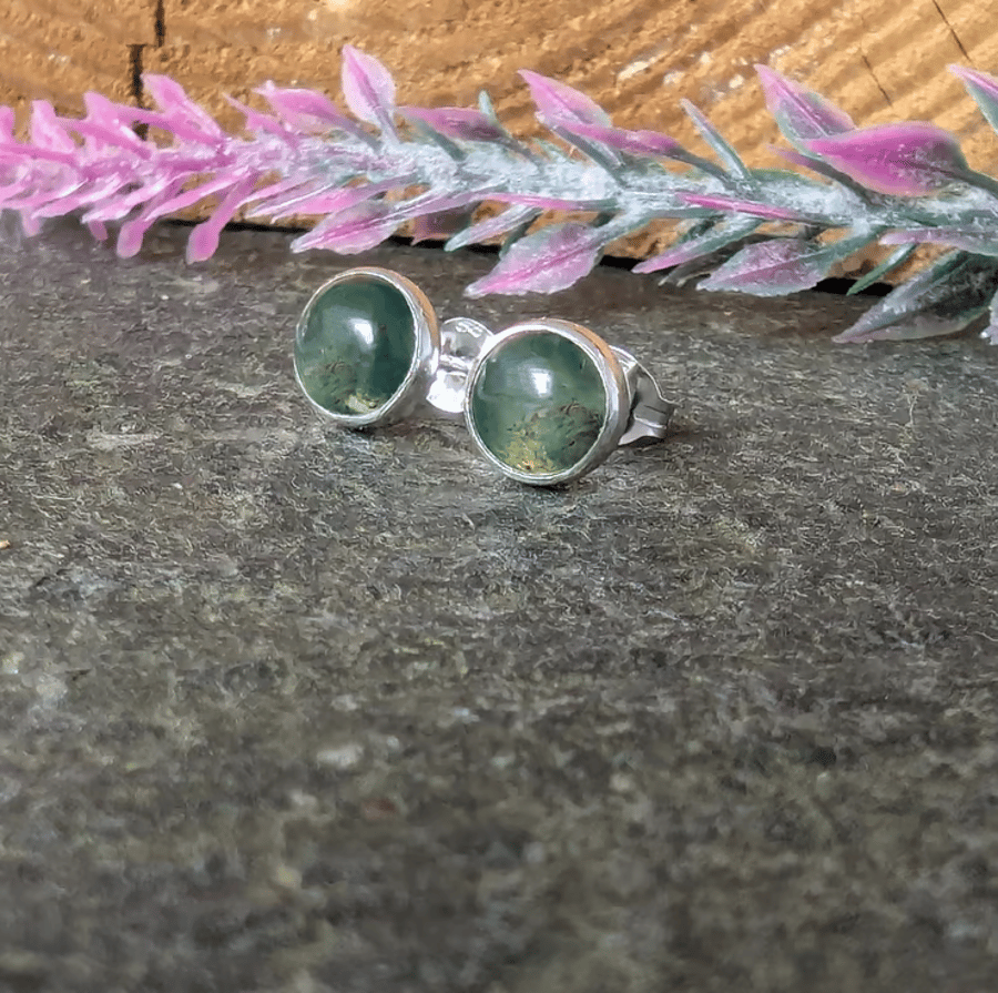 Recycled Handmade Sterling Silver Moss Agate Stud earrings