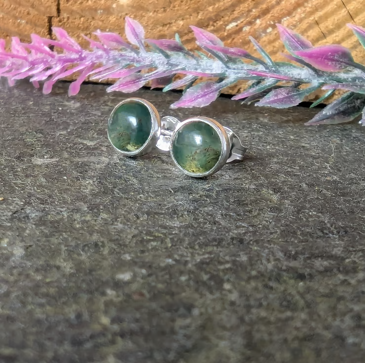 Recycled Handmade Sterling Silver Moss Agate Stud earrings