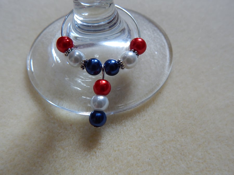 Wine Glass Charm Rings Great Britain Olympics Red, White & Blue Set of 6