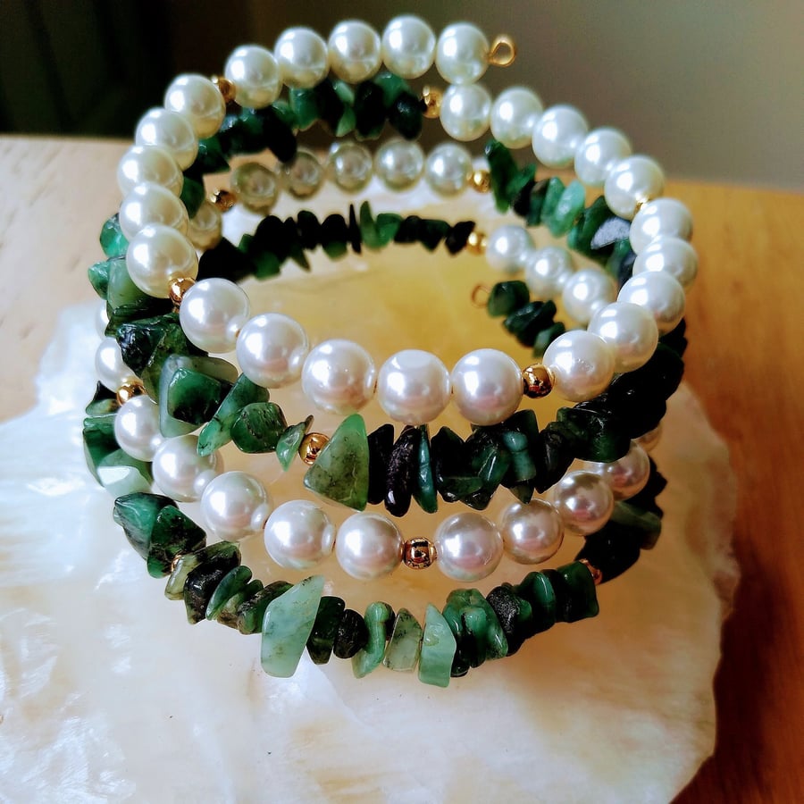 Natural Emerald & Shell Pearl Multi Wrap Bracelet