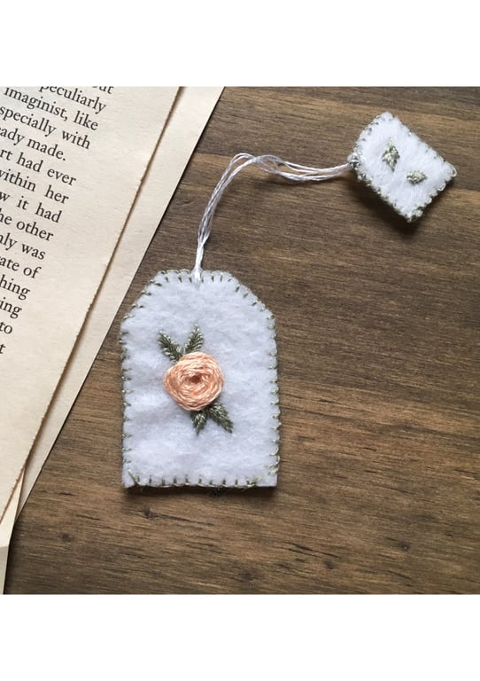 Rose teabag hand embroidered bookmark