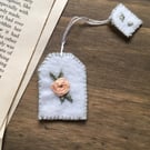 Rose teabag hand embroidered bookmark