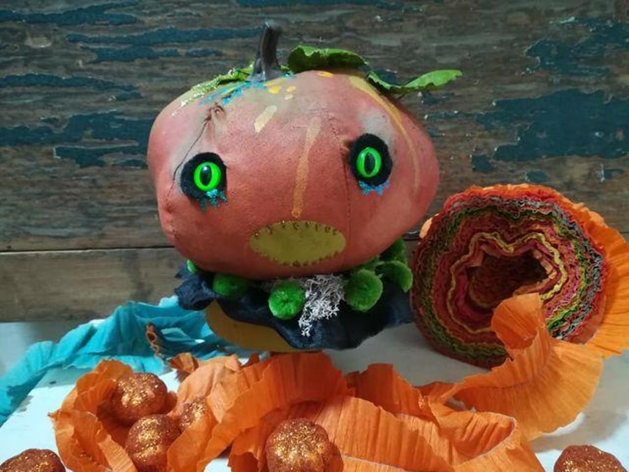 Halloween pumpkin textile art sculpture, Halloween decoration, pumpkin head