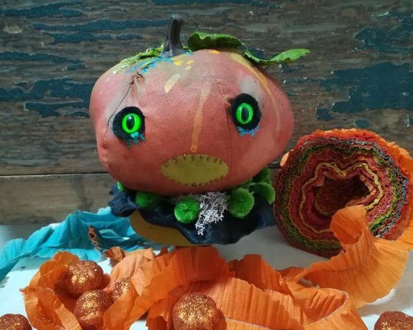 Halloween pumpkin textile art sculpture, Halloween decoration, pumpkin head