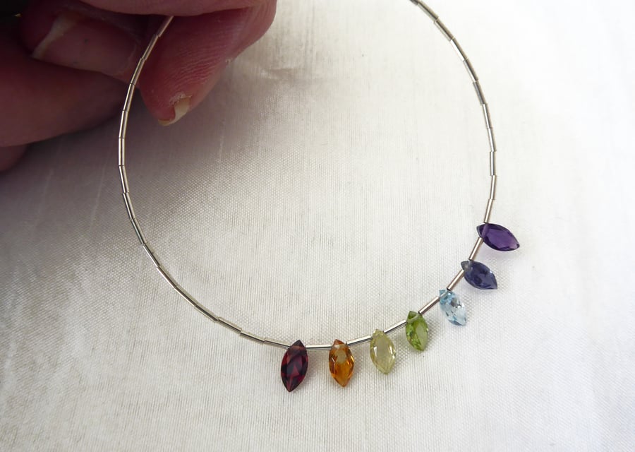 Sterling Silver and Briolette Gemstone Bracelet with Rainbow coloured Chakra Cry
