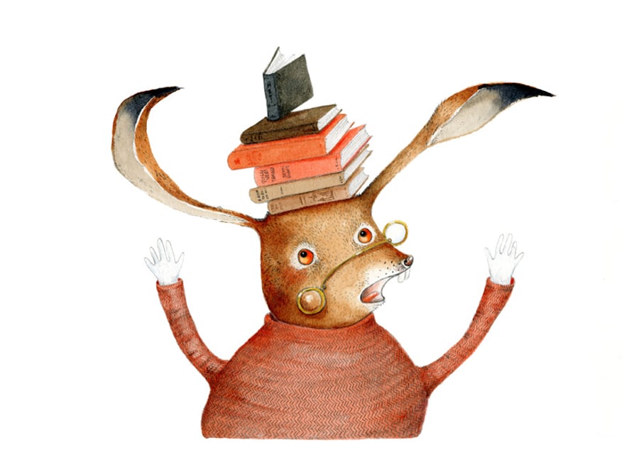 Print Hare with books on head illustration A4 Giclee Print