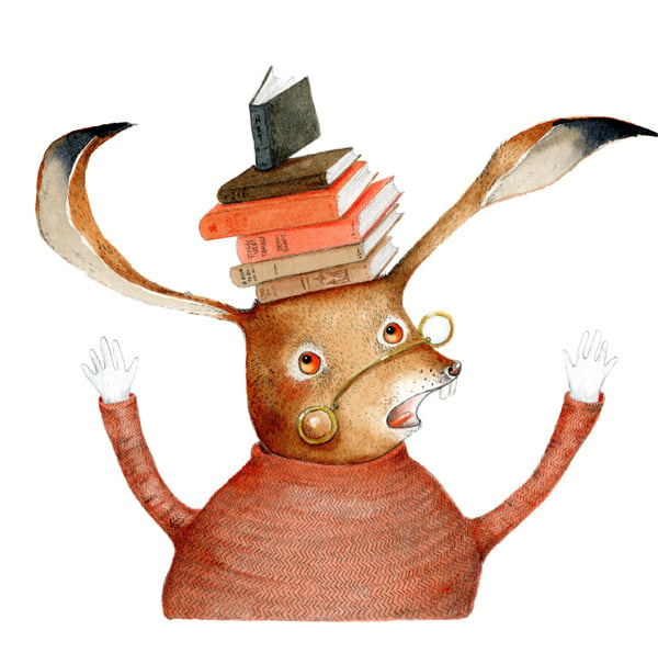 Print Hare with books on head illustration A4 Giclee Print