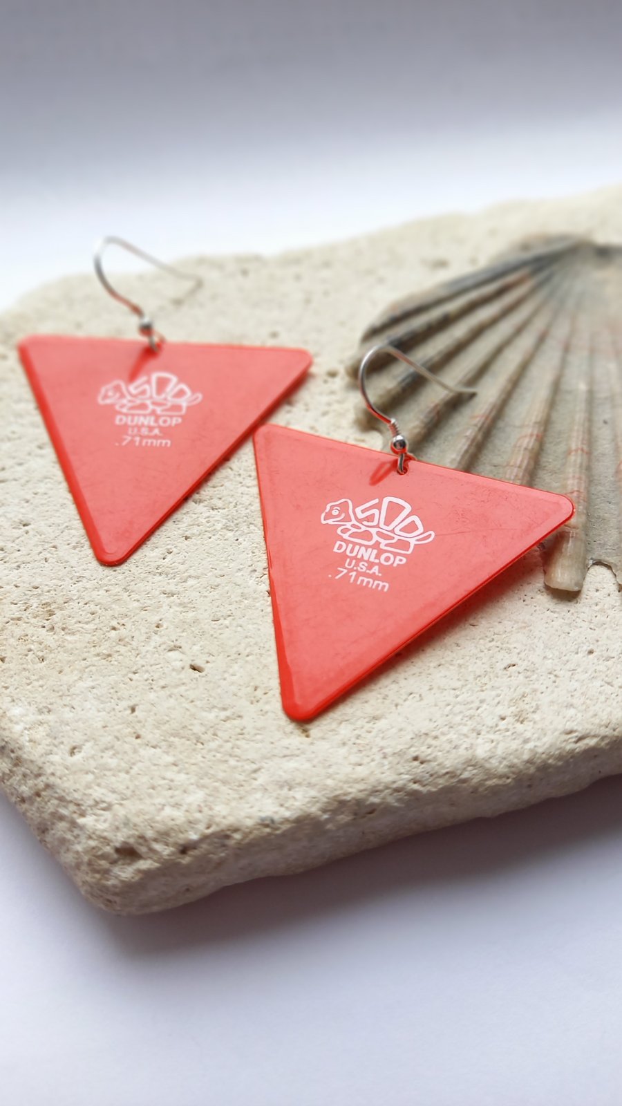 Recycled Red Statement Plectrum Silver Hook Earrings 