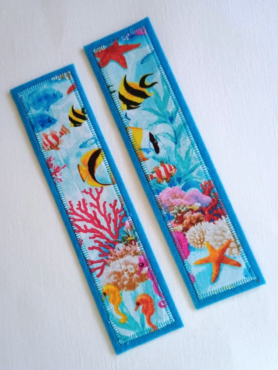 Bookmark - Bright Tropical Fish fabric, backed with aqua blue wool felt