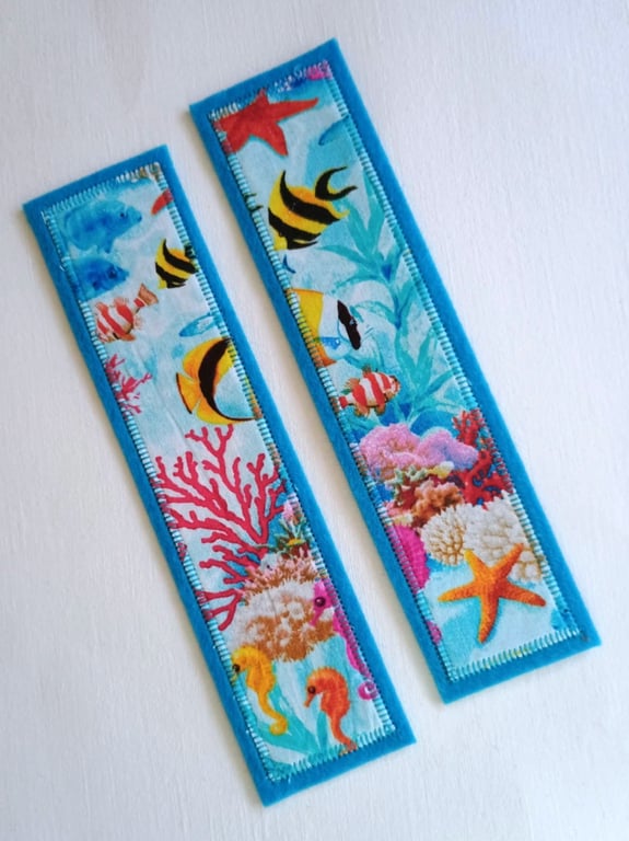 Bookmark - Bright Tropical Fish fabric, backed with aqua blue wool felt