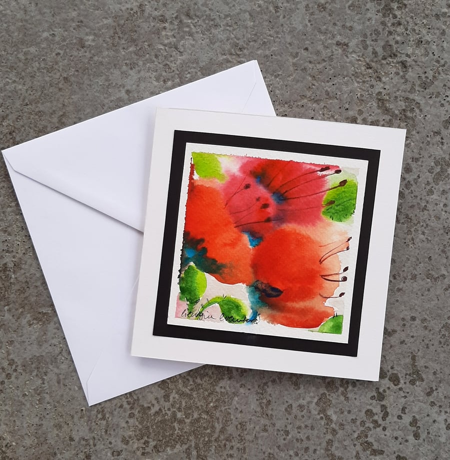 Floral Abstract Handpainted Blank Card Of Wildflower Red Poppies. Notelet