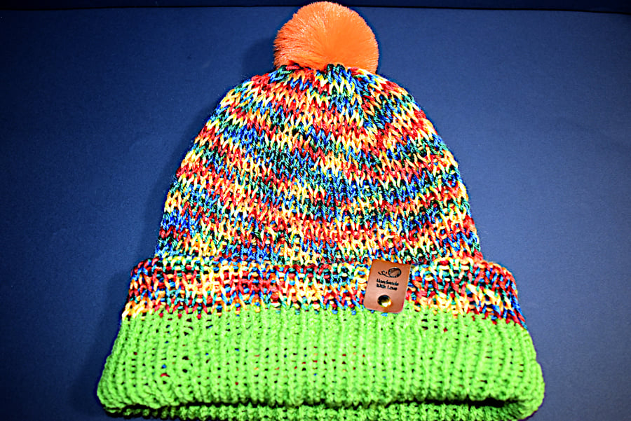 Handcrafted Hat with Faux Rabbit Fur Pompom Multi Coloured