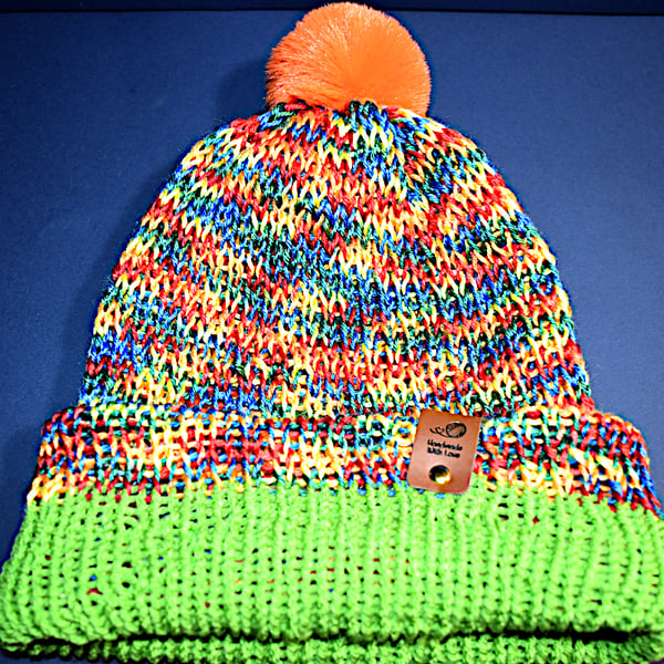 Handcrafted Hat with Faux Rabbit Fur Pompom Multi Coloured