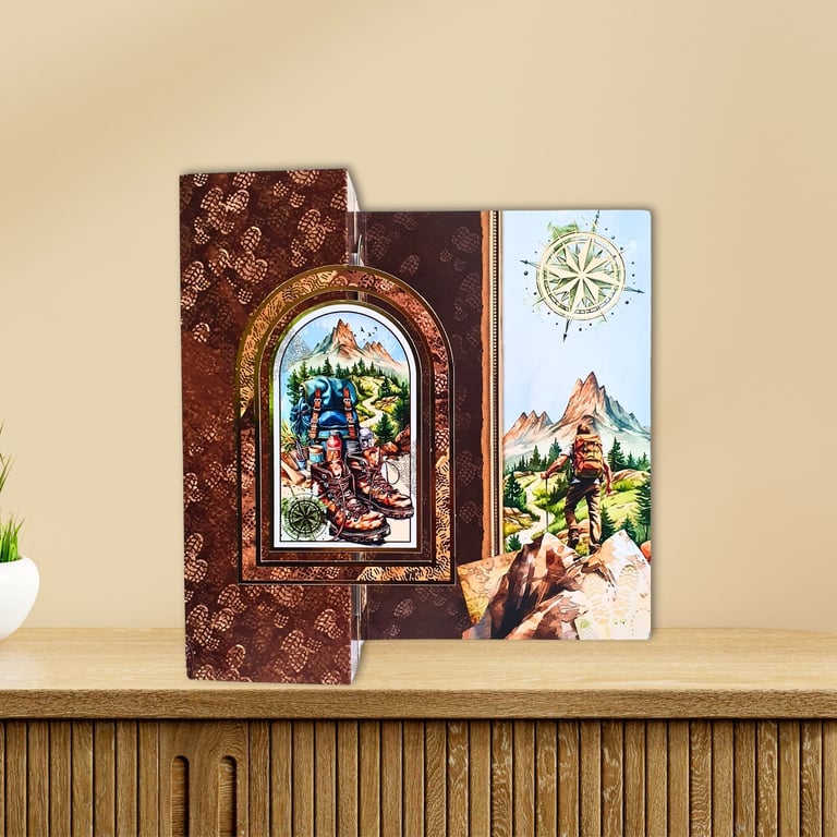 Mountain Hiking Themed Card Hiking Lovers, Fun Fold Nature Card In Brown