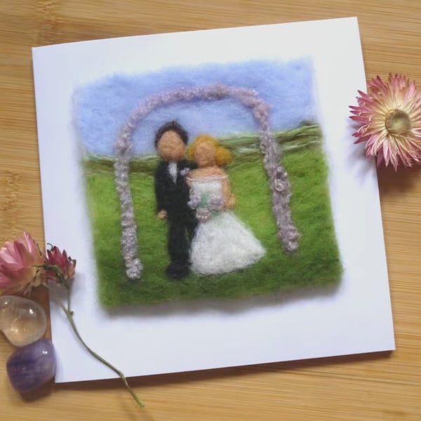 Needle felted handmade Bride and Groom greetings card