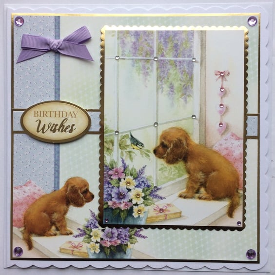 Birthday Card Wishes Cute Puppy Dog Labrador and Blue Tit 3D Luxury Handmade