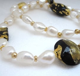 Black White Venetian Murano Glass Gold plated Sterling Necklace, gold, pearl.