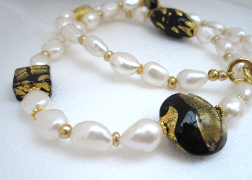 Black White Venetian Murano Glass Gold plated Sterling Necklace, gold, pearl.