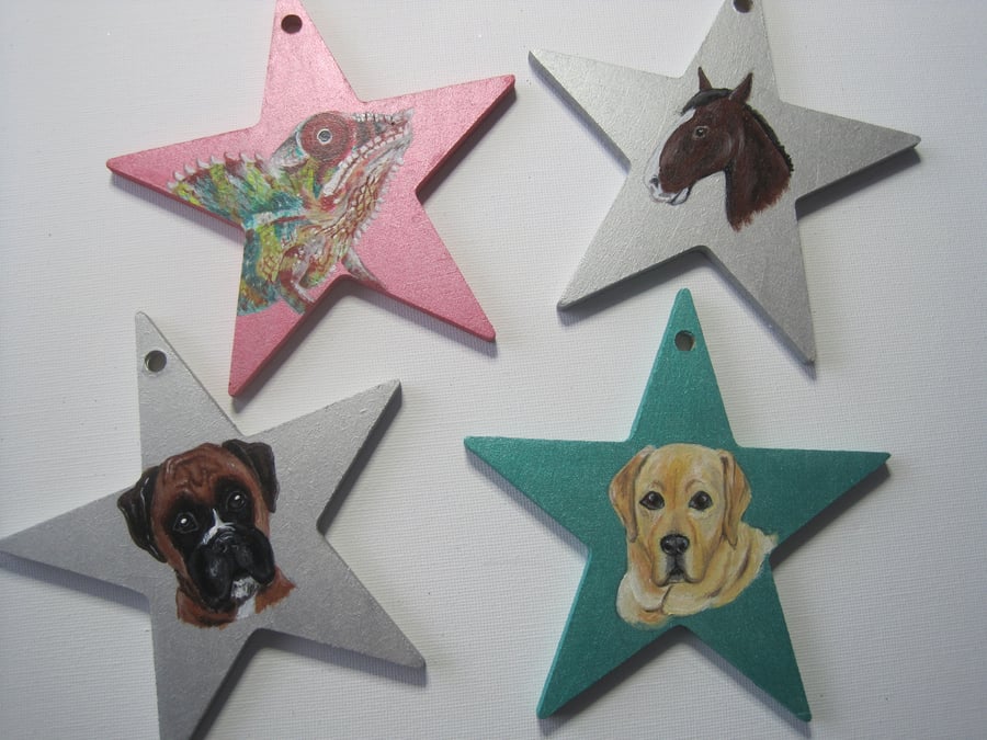 4x Miniature Pet Portrait on Wooden Hanging Star Decoration