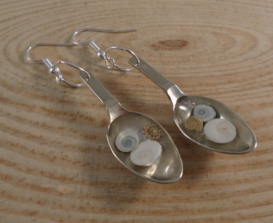 Upcycled Silver Plated Sugar Tong Spoon Shells in Resin Drop Earrings SPE051901