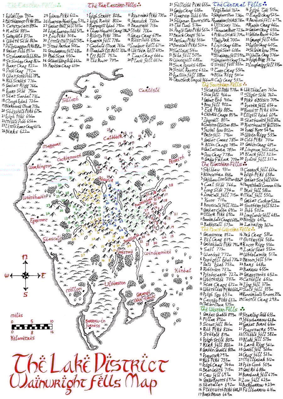 Map of Lake District Wainwright Fells Hand Drawn Tolkien Style Map Artwork