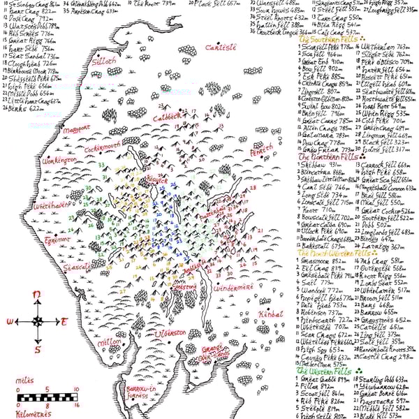 Map of Lake District Wainwright Fells Hand Drawn Tolkien Style Map Artwork