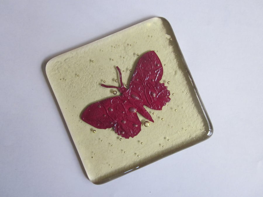 RESERVED Handmade fused glass coaster - copper butterfly on pale amber base