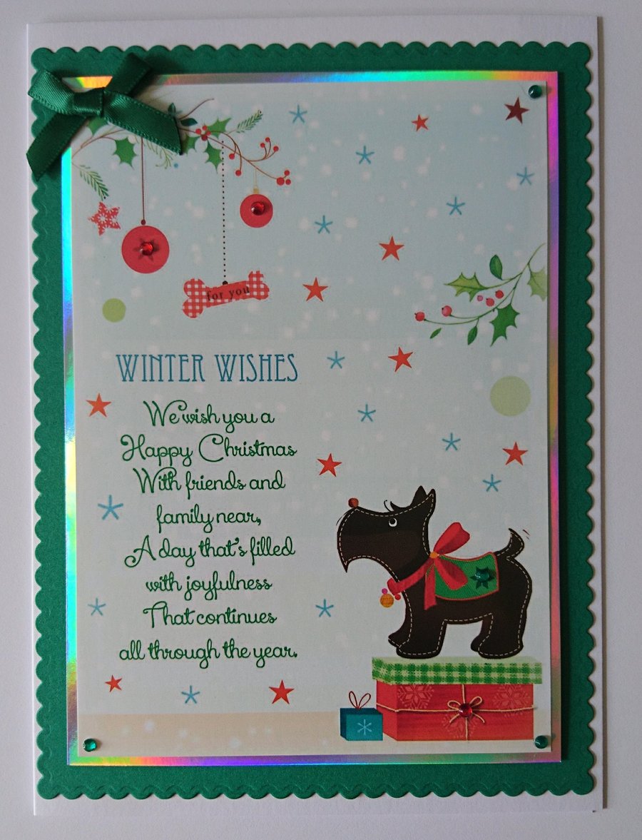 Handmade Christmas Card Winter Wishes Scotty Dog with Presents