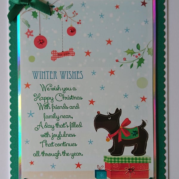 Handmade Christmas Card Winter Wishes Scotty Dog with Presents