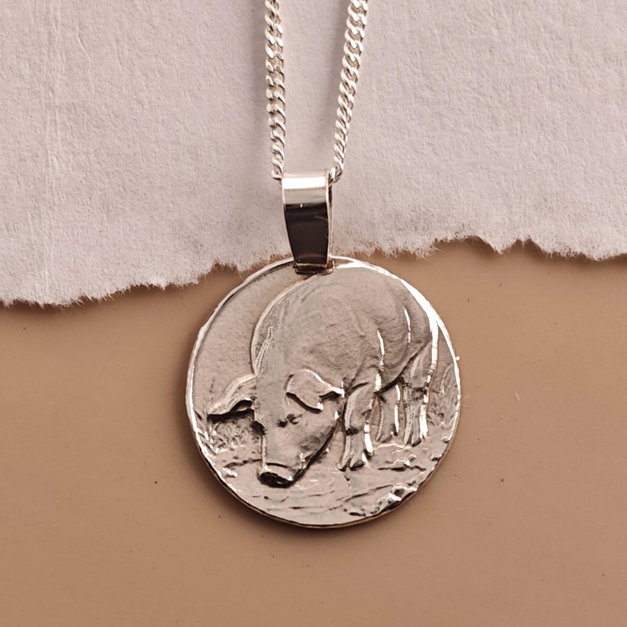 Pig Engraved Sterling Silver Coin Necklace