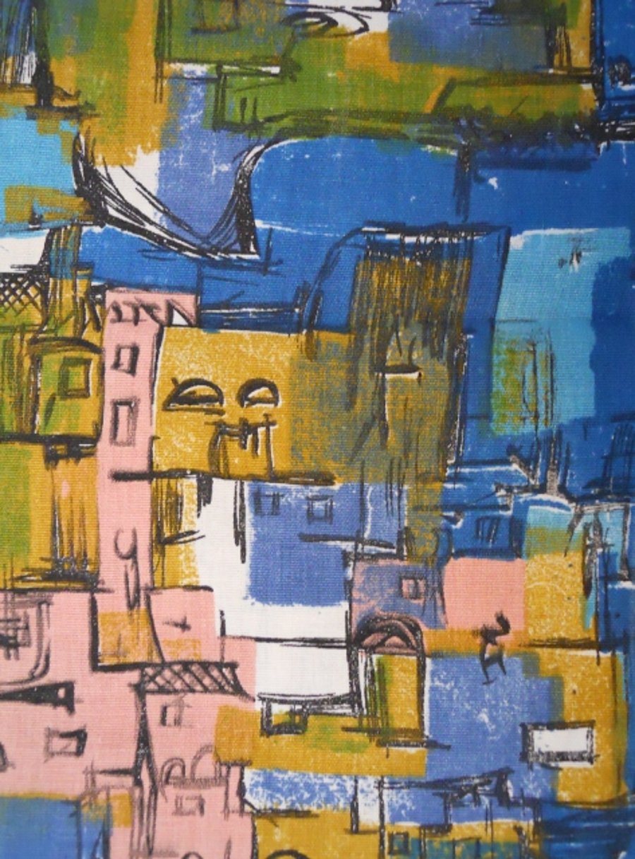 Abstract Houses MId Century Modern MCM BLUE VIntage Fabric Lampshade option 