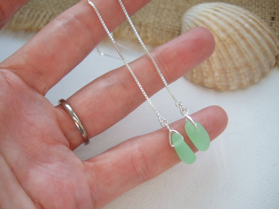 UV Seaham sea glass threader earrings, pull through sterling silver earrings