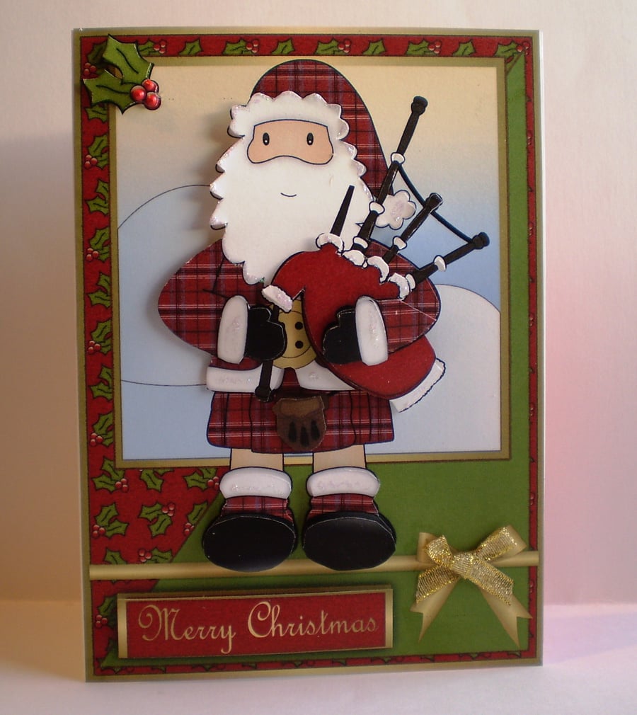 Santa Piper Christmas Card,Handmade,3D