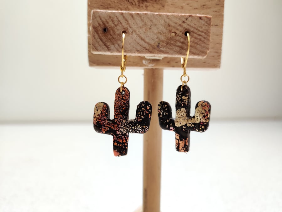 Black - Gold  fire Cacti dangle earrings
