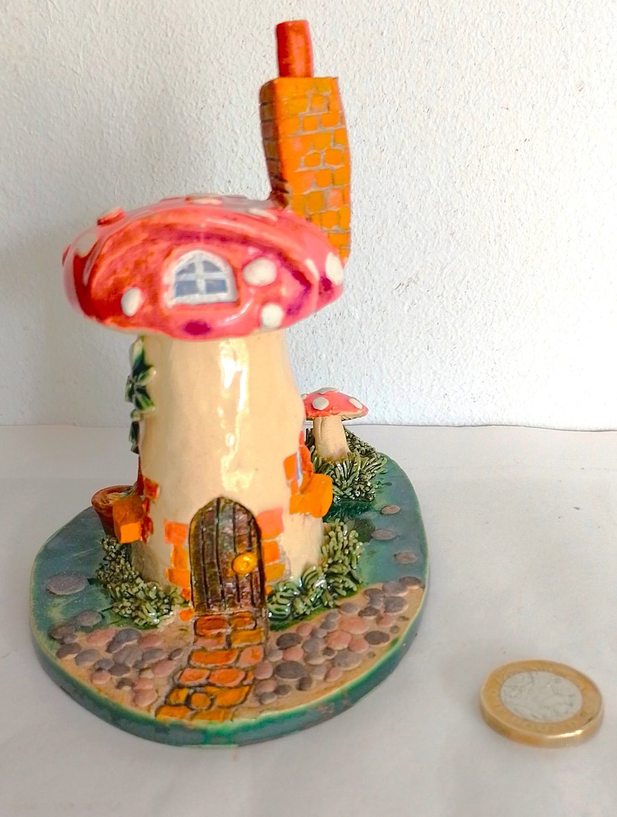 Pottery  red spotted mushroon fairy house ornament, hand made fairy house
