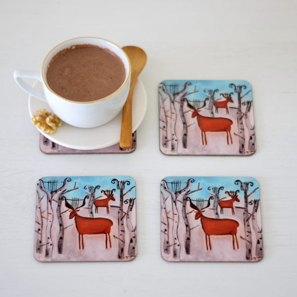 Winter Table Coasters, Animal Coasters, Artist Painting with Deer Coasters