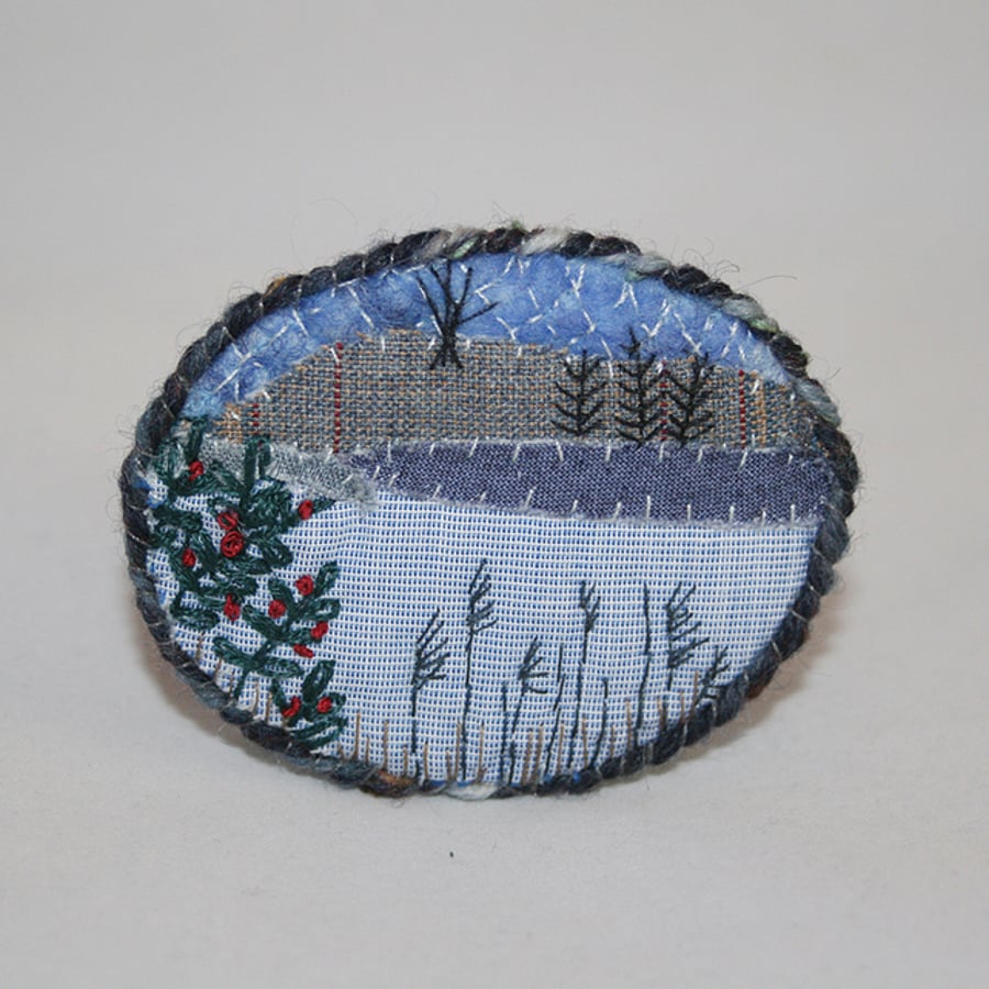 Embroidered Brooch - Winter Landscape - Lakeside