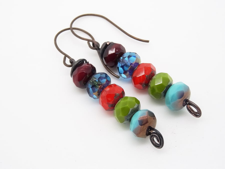 Czech Glass Earrings, Faceted Rondelle Earrings, Multi Colour Earrings.