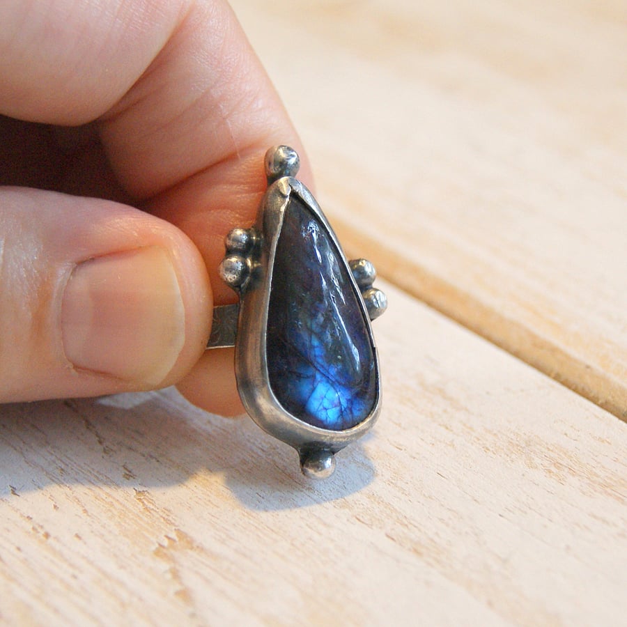 Labradorite Ring, Silver and Copper Boho Ring, Hammered Silver Ring