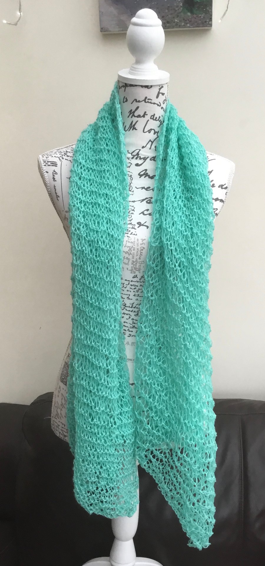 Eleanor Aquamarine! Lovely Super Soft Lacy Hand Knitted Wide Scarf or Wrap.