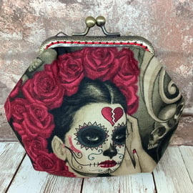 Gothic Day of the Dead Skull frame coin purse kiss clasp change pouch kiss lock 