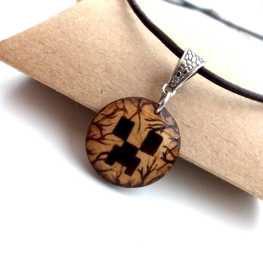 Deep Dark Face in the Woods Fan Art Pyrography Wooden Pendant Necklace