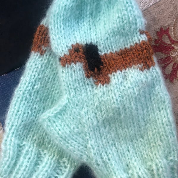 Dachshund mittens . Ladies mitts, Sausage dog . Open thumb for texting .Hand kni