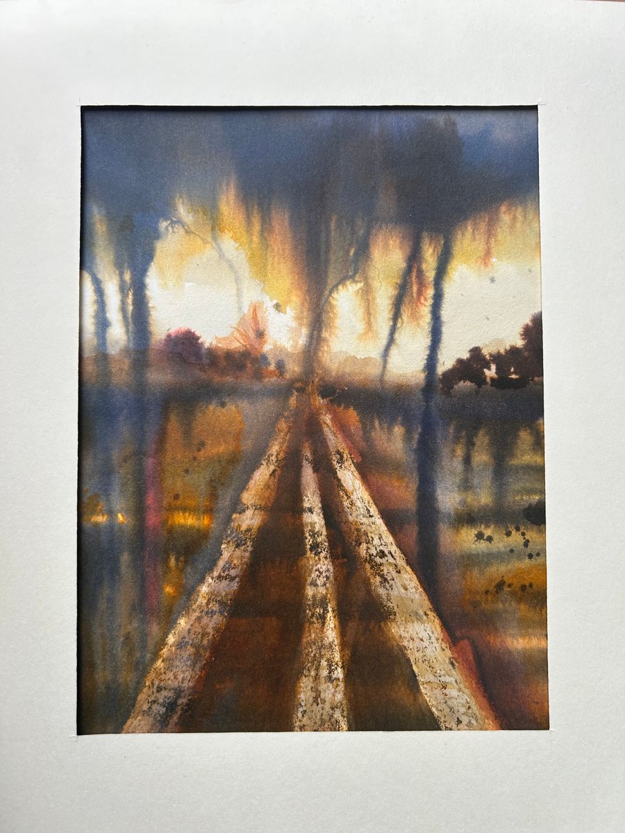 Water and ink original painting - Livid sky over Suffolk field